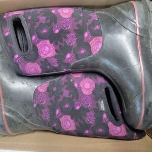 Bogs Black and Pink Rain & Snow Boots with Floral Design